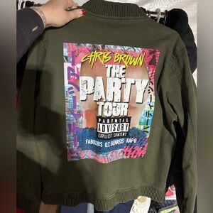 Chris Brown 2017 Tour Green Denim Bomber Letterman Jacket Breezy Full Zip XXL